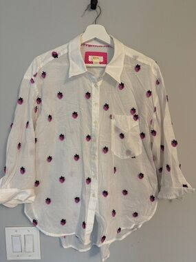 Maeve White Button-Up Blouse with Pink Strawberry Embroidery